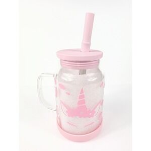 22 oz BPA Free Glass Tumbler w/ Handle Pink Accents Unicorn & Cloud Vinyl Design
